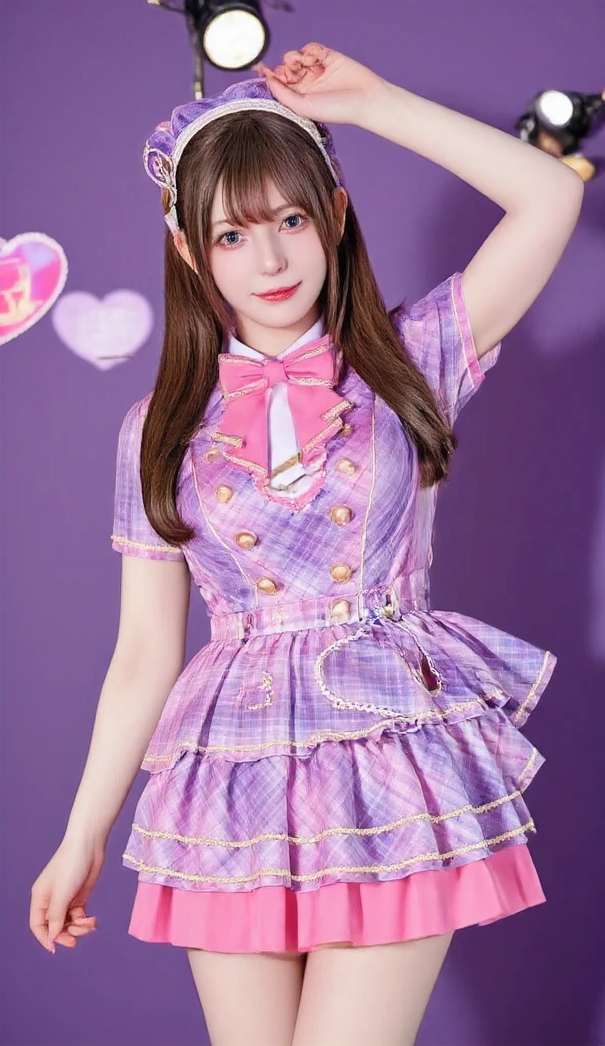 A hyper-realistic portrait of a beautiful -yeld Jaese girl dressed as an idol. She has long, golden-brown hair and sparkling bright eyes. Her outfit is a stylish idol uniform in shades of pink and purple, featuring a short pleated skirt, a fitted top with frills, and matching accessories. She is smiling radiantly in a cheerful pose, standing confidently on a stage setting with soft spotlights and a dreamy, vibrant atmosphere. Highly detailed and realistic lighting, with sharp facial features and smooth textures.