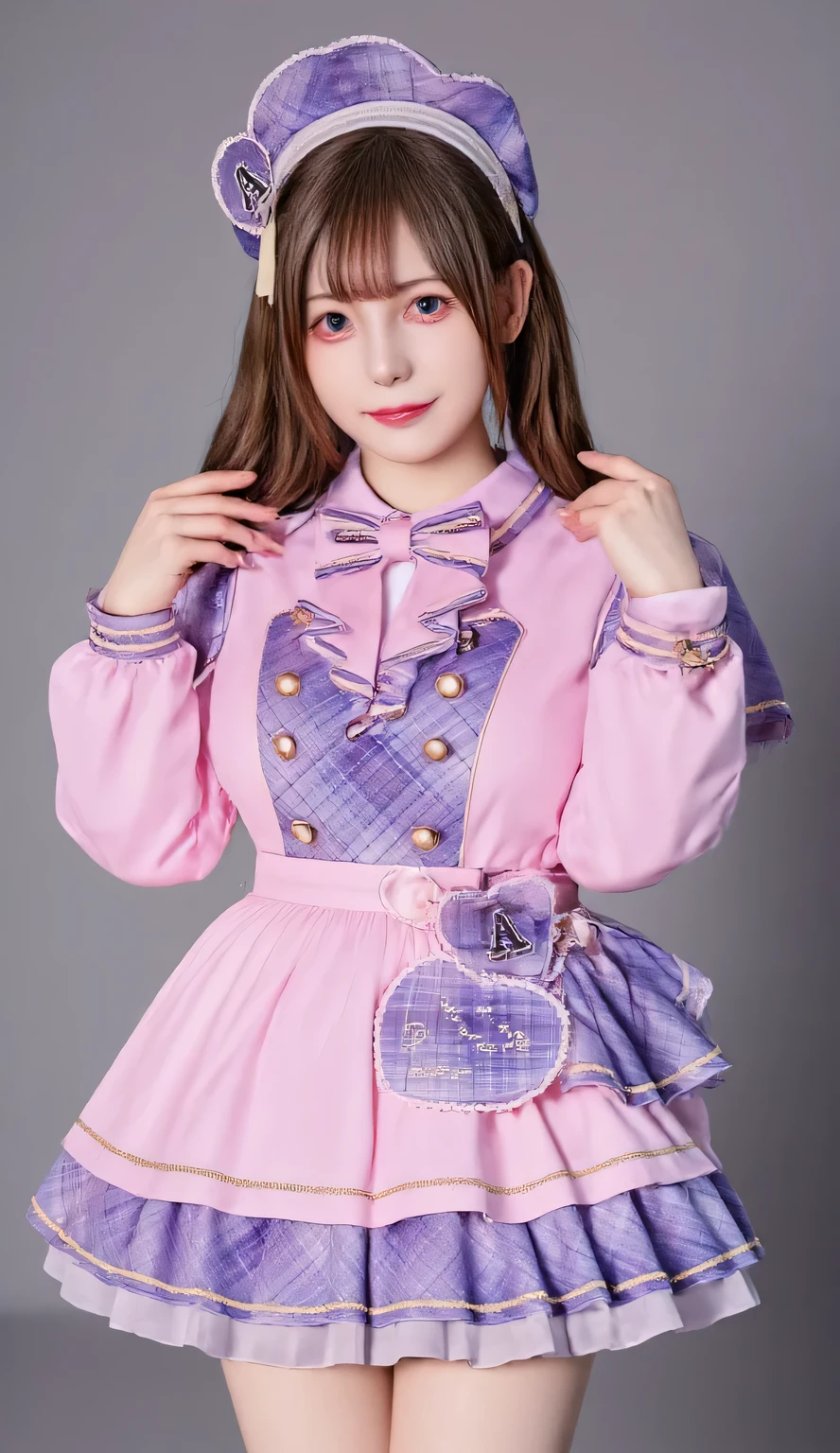 A hyper-realistic portrait of a beautiful -yeld Jaese girl dressed as an idol. She has long, golden-brown hair and sparkling bright eyes. Her outfit is a stylish idol uniform in shades of pink and purple, featuring a short pleated skirt, a fitted top with frills, and matching accessories. She is smiling radiantly in a cheerful pose, standing confidently on a stage setting with soft spotlights and a dreamy, vibrant atmosphere. Highly detailed and realistic lighting, with sharp facial features and smooth textures.