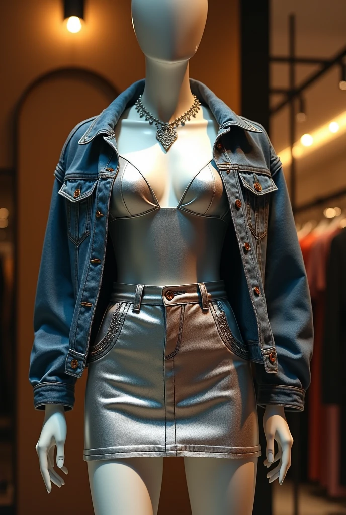 create a image of a male mannequin, the setting is a fashion studio at night, the outfit exposed in the mannequin is a sheer see through golden tank top with bedazzled details mimicking waterdrops, there's also black vinyl pants and a chanel necklace