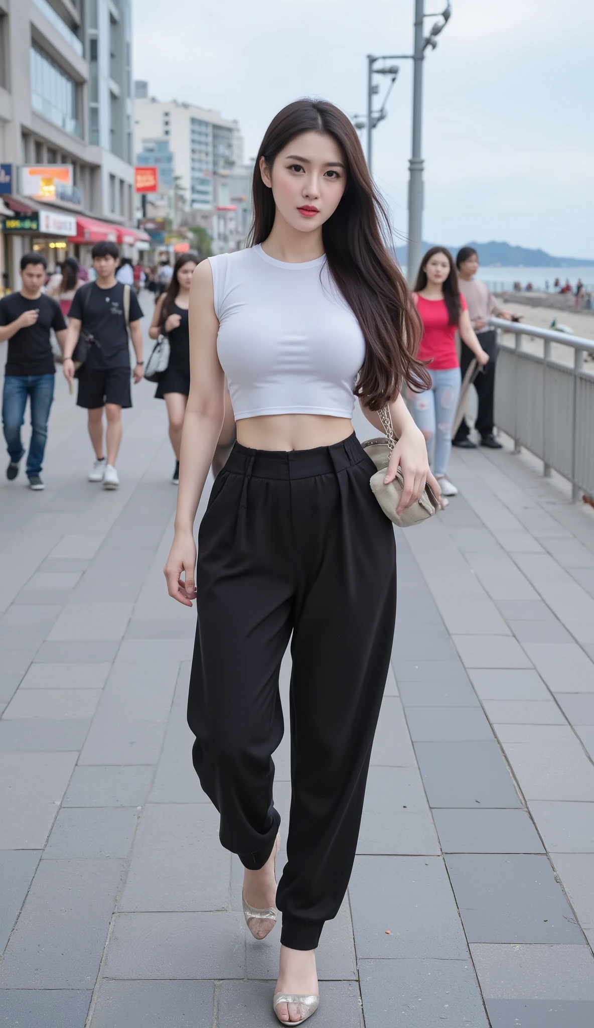"A fashionable woman with a flawless figure is captured walking at a vibrant city outdoor mall near a picturesque beach. She wears a bold crop less-shoulder t-shirt paired with a chic hotpants, exuding a contemporary Chinese street fashion vibe. Her big breasts, long legs, and perfect hands are impeccably showcased in this dynamic half-body shot. Her silky long hair cascades down her back as she carries a sleek handbag. The bustling scene of people passing by and the serene beach horizon create an exciting contrast in the background."