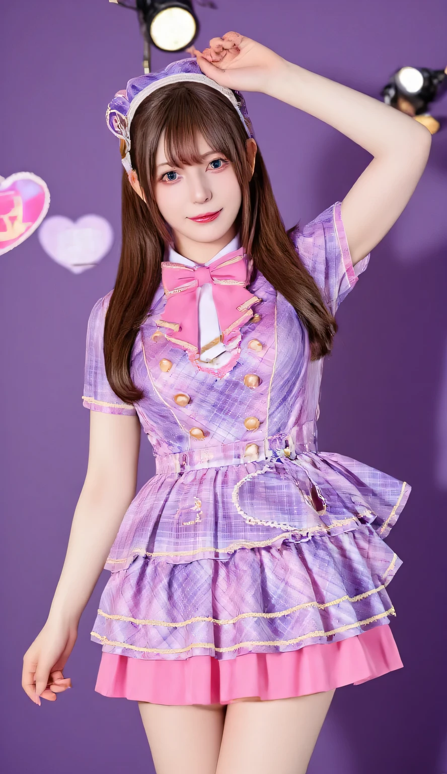 A hyper-realistic portrait of a beautiful **-****-*** Japanese girl dressed as an idol. She has long, golden-brown hair and sparkling bright eyes. Her outfit is a stylish idol uniform in shades of pink and purple, featuring a short pleated skirt, a fitted top with frills, and matching accessories. She is smiling radiantly in a cheerful pose, standing confidently on a stage setting with soft spotlights and a dreamy, vibrant atmosphere. Highly detailed and realistic lighting, with sharp facial features and smooth textures.