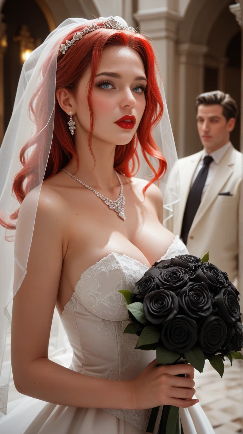 Wedding day, dreamy garden of pink flowers, bride red hair, heavy makeup, eyelashes, red lipstick, crystal blue eyes, high detail wedding dress, sexy breasts, pink damask roses garden background, sunny day, amazing sky, waiting for the groom