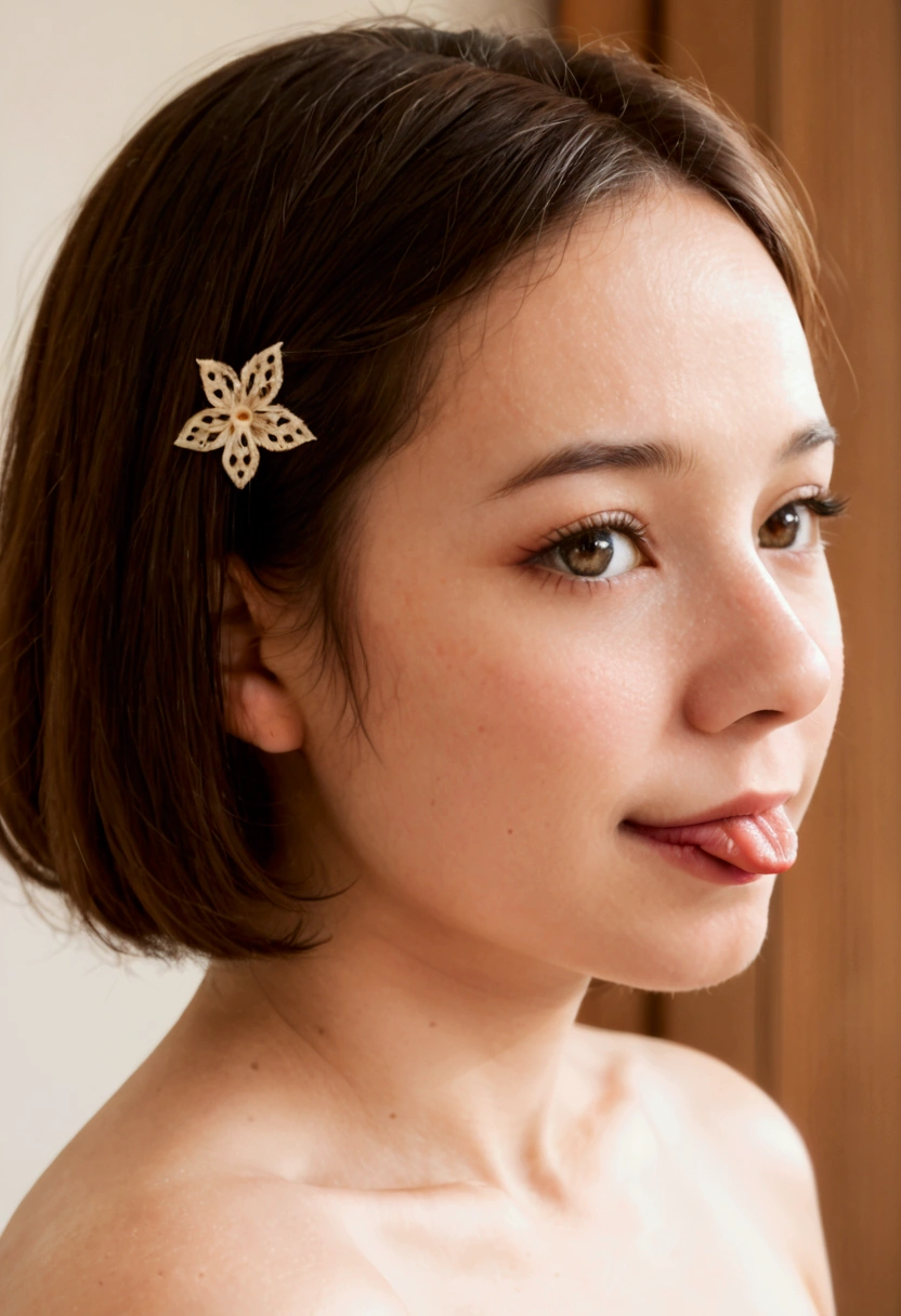  ultra-realistic, ultra-high-resolution close-up portrait of a Japanese woman. The face is depicted with exquisite detail, showcasing natural skin tones with a soft, radiant texture and subtle blush. Her facial structure is delicately defined, emphasizing features such as almond-shaped eyes, a small, refined nose, and gentle lips. Hair is smooth and glossy, typically black or dark brown, styled naturally or with elegant touches like traditional or modern hairstyles. The image includes culturally inspired hair accessories such as kanzashi, delicate hairpins, or minimalist clips, rendered with intricate detail. Lighting is soft and balanced, enhancing the warm, natural tones and textures of her skin and hair. The background is neutral or softly blurred, ensuring the focus remains on her face, captured with crisp 8K quality for ultimate realism., beautiful girl, ((((( small)))), Show your face, Protruding Tongue,  short hair,  brown, 8k, Professional photography, delicate,  clear ,  in the forest ,  moon,  Light Leak , masterpiece, ( beautiful)))), (reality)))), smile,  amazing,  angel, young,Being in the mood, feeling horny, frustrated, having a strong sexual urge, feeling erotic, spring has come, feeling passionate, being turned on, feeling like one is on fire, the season for love, having heightened libido, being sexually aroused, having a strong sexual desire, breeding season, timing for reproduction, mating season, the season for love, active reproductive activity,