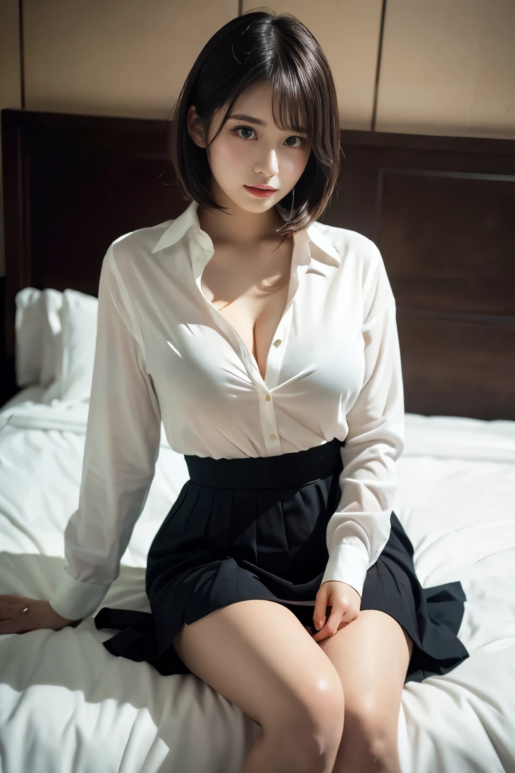 (Masterpiece, Professional lighting, 16k, 8k wallpaper, raw photo, photorealistic:1.8, ultra detailed, natural gentle lighting, detailed skin, detailed face, detailed eyes, textured skins, cinematic composition, detailed background:1.2 ), a very sexy dressed up girl with big breasts sitting on a couch, 1girl, slender body, solo, breasts, thighhighs, underwear, pleated skirt, panties, sitting, looking at viewer, shirt, blush, indoors, black panties, long hair, white shirt, short sleeves, see-through:0.5, no bra, open clothes, thighs, skin dentation, short hair, open shirt, window, partially unbuttoned