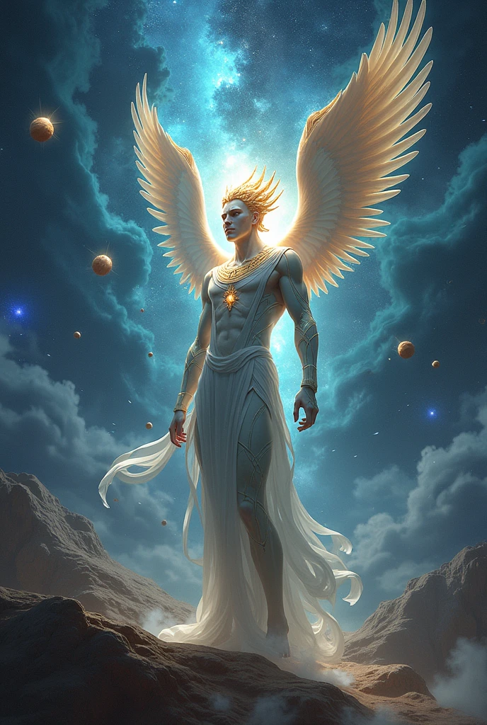 Man God sitting on his throne in realistic image 4k back around 4 seraphim with six wings in a gleaming senary universe of magnificent stars looking at humanity