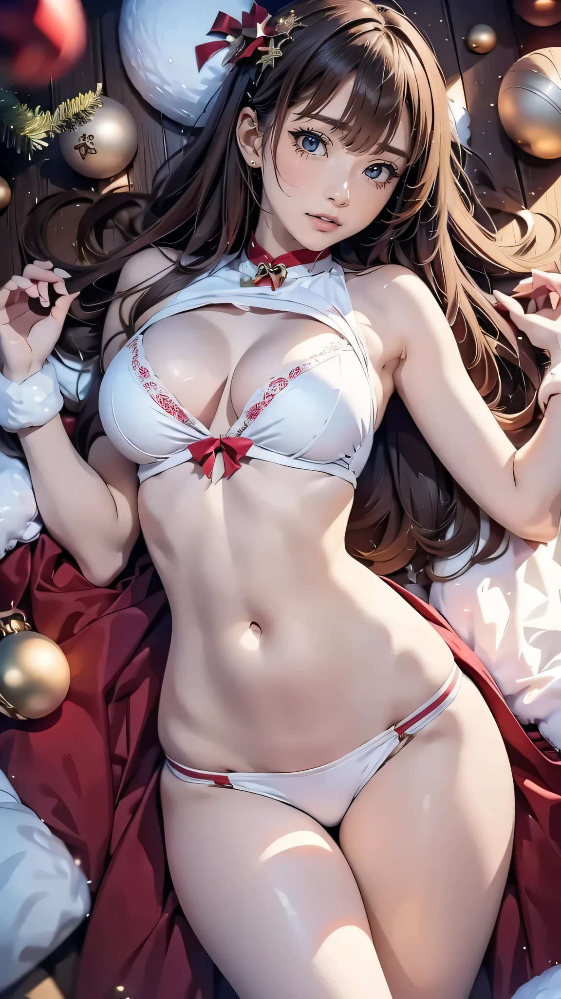 Anime Girl, A beautiful young woman, Christmas babe, xmas, phone wallpaper, sexy, belly button, wide hips and narrow waist Christmas scene, lying on the ground, cinematic