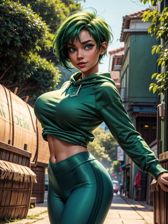 a woman with short green hair, fair skin, blue eyes, wearing a green shirt, green ankle socks, , expression of joy, happiness, sensual pose.