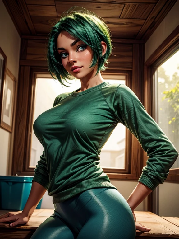 woman with short green hair, fair skin, blue eyes, wearing long-sleeved green shirt, large breasts, expression of joy, happiness, sensual pose. looking at the viewer.