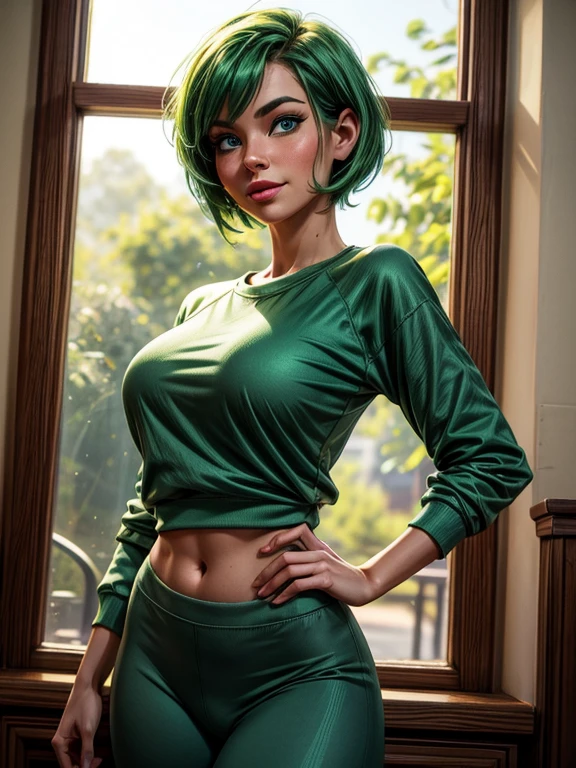 1girl, alone, Tatsumaki, Digital art, Tatsumaki, sexy,green hair, short hair, curly hair, perfect eyes, green eyes, making ceramics with her hands, ceramic clay, masterpiece, symmetrical, excited face, small breasts, medium thigh medium waist, wide hips, ceramic room, front View, Bokeh, 4K Masterpiece, HDR
