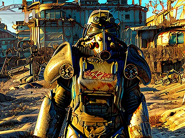 arafed looking man in a gas mask standing in a ruined city, a screenshot by Matthew D. Wilson, cg society contest winner, auto-destructive art, fallout 3, fallout 5, highly detailed fallout 3, in the fallout wasteland, fallout environment, screenshot from'fallout 4', fallout liberty prime, fallout style, fallout power armor, fallout 5 official art