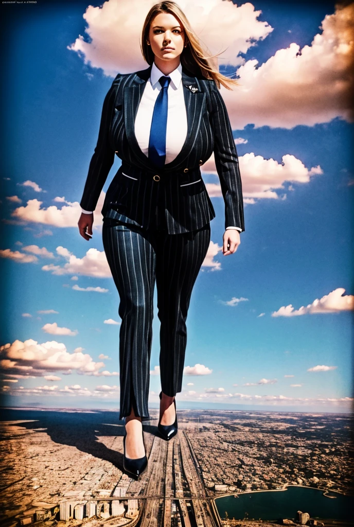 Looking up at the approaching young giantess, Giantess art, 500 miles tall giga giantess, young sophisticated and stylish woman in a black italian pinstriped trouser suit, form fitting crisp office shirt, and a large wide yellow necktie in a windsor knot, with a beautiful, curvaceous figure, large natural breasts, and long wavey blonde hair, with a curvaceous figure and massive breasts. wearing blue rounded court high heels with uncovered feet and standing, rampage-like pose, with a city skyscrapers background of mega-city, skyscapers, partially obscured by a hazy, cloudy atmosphere. The image is a high-resolution, masterpiece-quality, cinematic, ultra-detailed, and hyper-photorealistic photograph, with perfect hands, face, and lighting. ultra-detailed, 8K, photo-realistic, hyper-realistic, masterpiece, intricate details, full body view. Looking at camera, The image is a high-resolution, masterpiece-quality, cinematic, ultra-detailed, and hyper-photorealistic photograph, with perfect hands, face, and lighting. ultra-detailed, 8K, photo-realistic, hyper-realistic, masterpiece, intricate details,