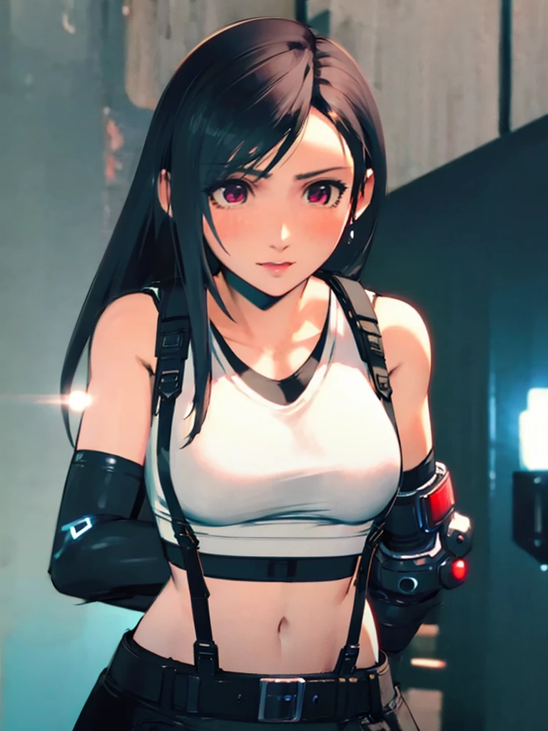 Tifa,  she's wearing a wet shirt and bra, they're transparent ,  your boobs are showing 