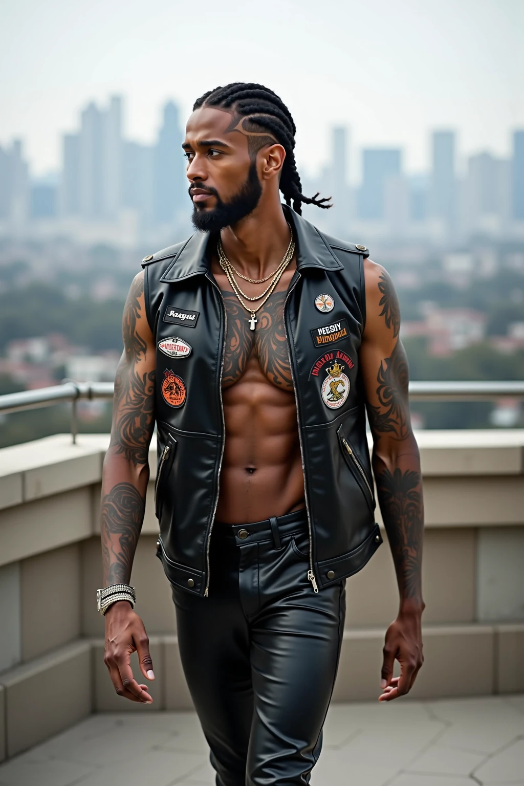 African American chav, 20 years old, short hair, stud, hairy, hairyalpha, BeardAlpha, wearing a leather police bdsm uniform, wearing a shiny latex pants, tight uniform, open shirt, wearing a pectoral harness, oversized pectorals, ((neckline_tattoo)), heavy pectorals, erection, erection under clothes, intimidating, smirking, nipple rings, angry, threatening, prison background