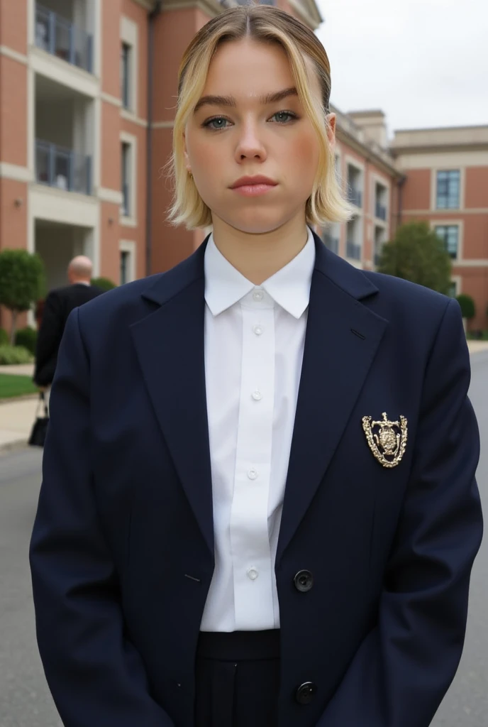 Milly Alcock, blonde hair ponytail,private university uniform