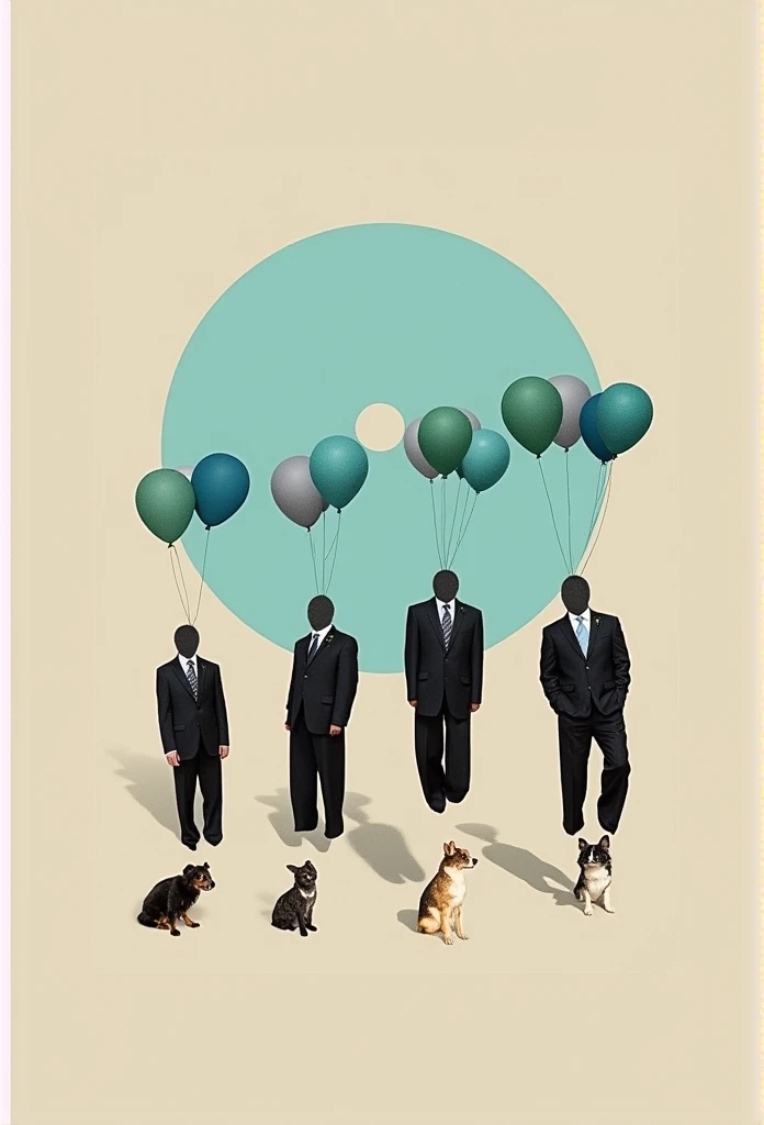 hyacinthcollage, 

a digitally created collage. The image features four human figures, each dressed in formal attire, including suits and ties, floating in mid-air against a backdrop of a large, circular cloud up and down in different size and distance.

The figures are headless, with their torsos and limbs intact, giving a surreal and abstract feel to the composition. Each figure holds a cluster of three balloons in varying shades of blue and green, with one figure holding a single balloon. 

The background consists of a muted, beige color with a large, circular sky photo occupying the center, providing a sense of depth and dimension. The cloud is rendered in a soft, pastel blue, contrasting with the neutral tones of the figures and the beige background. Each person has a different small animal sitting obediently at their feet. 

The overall style is whimsical and surreal, blending elements of surrealism and collage art. The textures are smooth and clean, with a focus on the contrast between the formal attire and the surreal, floating figures.

above the poster, it writes "hyacinth collage" in the center.