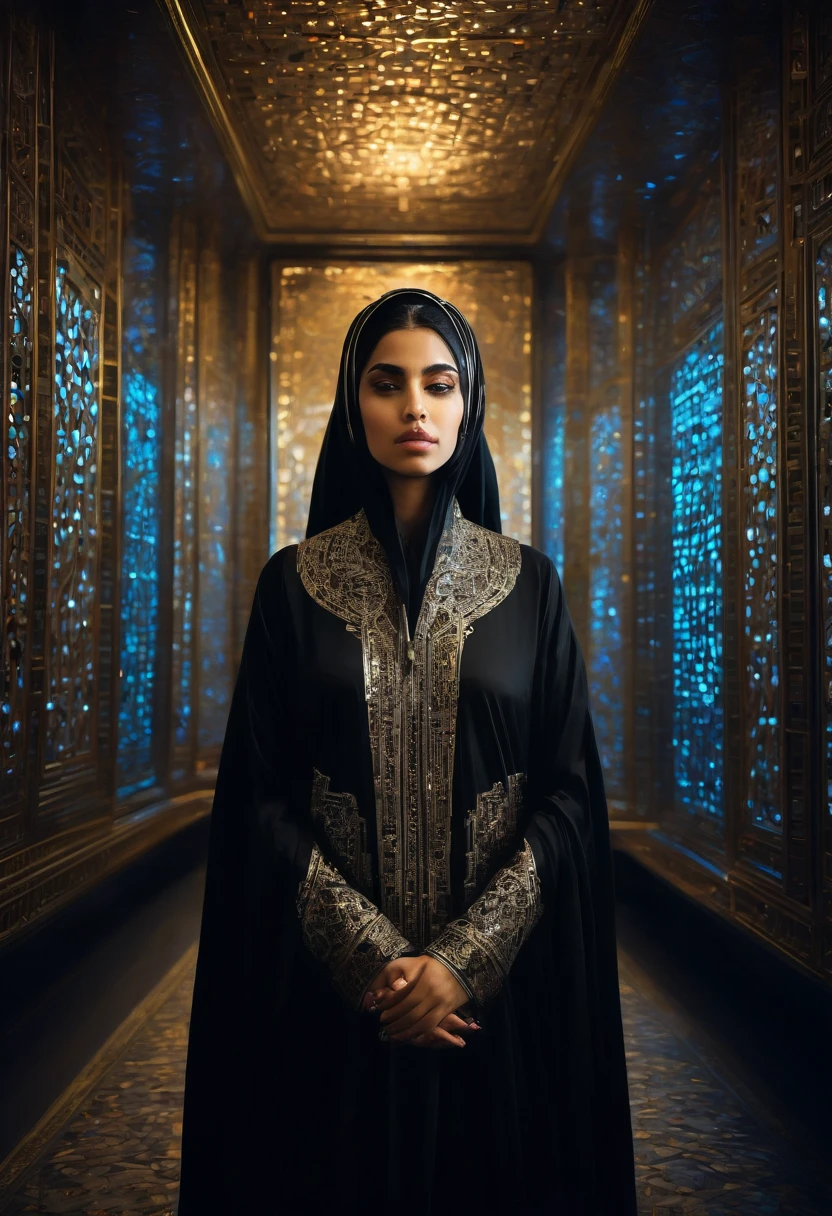 A solemn and melancholic portrait of a young woman named Layla, dressed in elegant mourning Islamic clothing. She wears a flowing black abaya with intricate silver embroidery and a matching hijab, draped gracefully. Her expression is somber yet resilient, with deep brown eyes reflecting wisdom and grief. The background is a richly textured, otherworldly setting evoking the Coriolis universe: a dimly lit room aboard a futuristic spacecraft, with soft, warm light filtering through decorative, geometric screens. Intricate patterns of Middle Eastern design adorn the walls, alongside faint holographic displays of star maps and celestial charts. The style is a detailed, classical oil painting, with a rich, painterly texture, emphasizing the interplay of light and shadow on her face and attire. The atmosphere conveys a blend of mysticism and advanced technology, inspired by Middle Eastern sci-fi aesthetics.