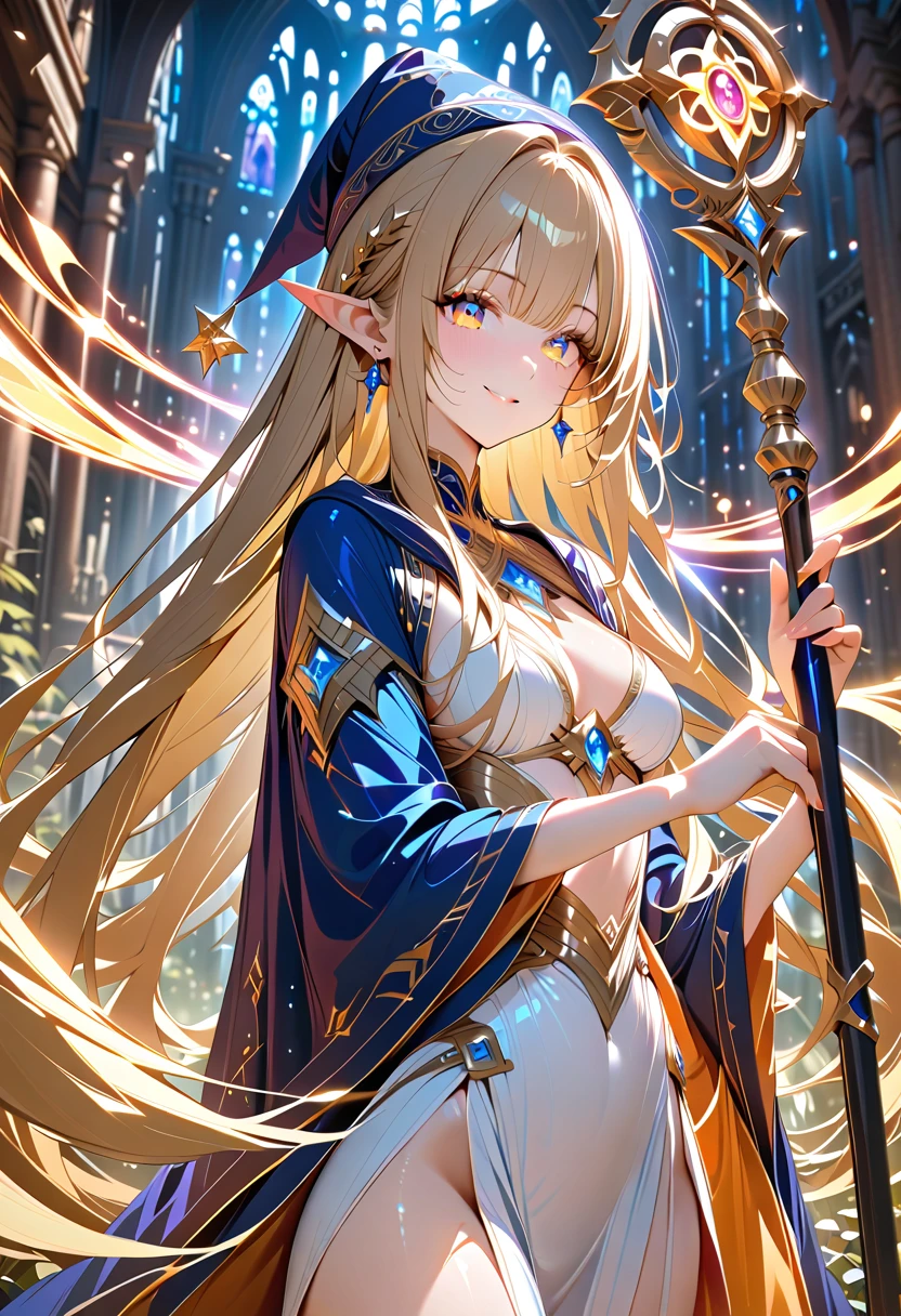 1girl, (beautiful Elf, dark fantasy), great wizard, wearing elegant magic robe, detailed beautiful face, (finely detailed beautiful eyes), smile, (long straight hair, shiny blonde hair, bangs), magic hat, Holding a magic staff, BREAK, elegant, gorgeous, delicate features, BREAK, (cowboy shot, face focus), deep depth of field, stunning, fascinating, enchanting, cinematic lighting, cinematic composition, anime style, vibrant colors, thin lines, dreamlike, absurdres, highres, masterpiece, best quality, newest, very aesthetic, ultra quality, high detailed, anatomically correct, perfect hands,