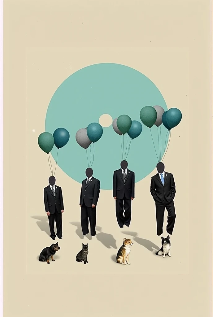 hyacinthcollage, 

a digitally created collage. The image features four human figures, each dressed in formal attire, including suits and ties, floating in mid-air against a backdrop of a large, circular cloud up and down in different size and distance.

The figures are headless, with their torsos and limbs intact, giving a surreal and abstract feel to the composition. Each figure holds a cluster of three balloons in varying shades of blue and green, with one figure holding a single balloon. 

The background consists of a muted, beige color with a large, circular sky photo occupying the center, providing a sense of depth and dimension. The cloud is rendered in a soft, pastel blue, contrasting with the neutral tones of the figures and the beige background. Each person has a beautiful young model sitting obediently at their feet. 

The overall style is whimsical and surreal, blending elements of surrealism and collage art. The textures are smooth and clean, with a focus on the contrast between the formal attire and the surreal, floating figures.

above the poster, it writes "hyacinth collage" in the center.