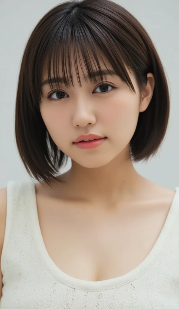  1 girl、Photo Mapping、Physically based rendering、 high image quality、 High Definition 、1080P、( beautiful face)、(Detailed description of the face)、( Detailed description of the hand setter&#39;Muscle area)、( CG in detail)、 rich details 、( Stunning Features :1.35)、( detail eyes)、 of cute ladies are looking forward to your eyes、Delicate clavicle、 Various Poses、 A very realistic and detailed upper body portrait of a young woman。The skin is beautiful、 soft light reflecting high on her cheeks .、 Tiny pores and hair follicles、 You can see even the thinnest blood vessels 。The skin is smooth、natural flushing of cheeks 、Healthy glow。 The eyes are large and clear blue、Her iris has fine patterning、 Light is reflecting and shining in the eye。 There is a slight shadow under her eye 、 Her eyelashes are long and naturally curled。 her lips are soft pink 、Smooth texture with a natural glow、 Slightly reflects light。  the woman wears a simple white top  .、 background is pale black and white gradation .、 The focus is entirely on the face and upper body。 Realistic shadows and textures、 picture-like depiction.。
