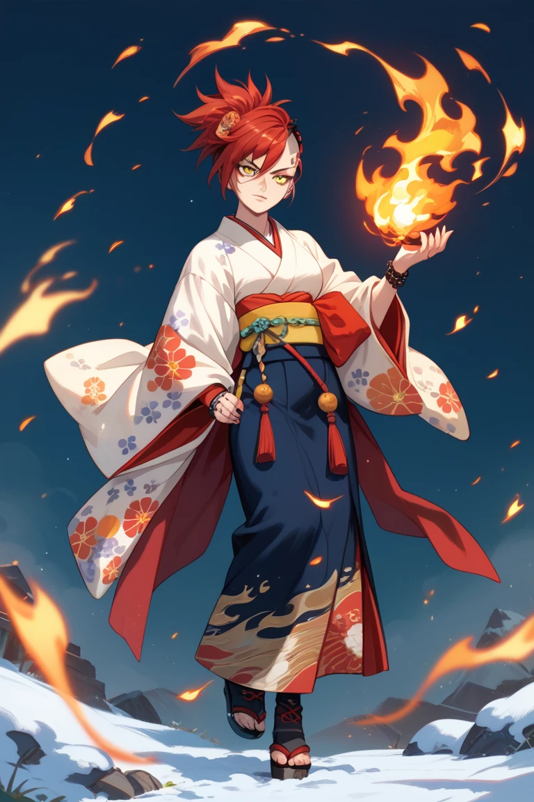 anime style RPG character, punk samurai woman, black and red hair, side cut, yellow eyes, cut scar on the left eye, kimono half black with flames and half blue with snow, full body