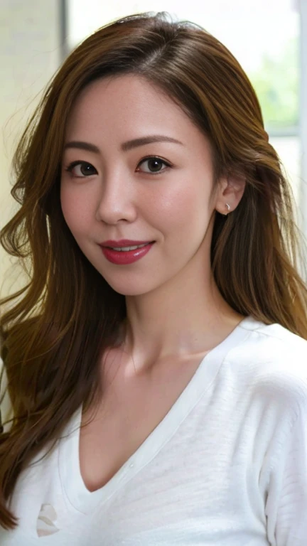 Mature attractive sexy woman,50 years old, Shut,((Big Breasts:1.2)),(Facial wrinkles:1.3),light makeup,Light brown hair,(Full body photography:0.85),8k, RAW Photos, highest quality, Laughter,masterpiece,highest quality、A gentle smile、A gaze that seduces viewers、Scrunchies in a ponytail、Inside the family restaurant、Knitted sweater、Sweaty skin、