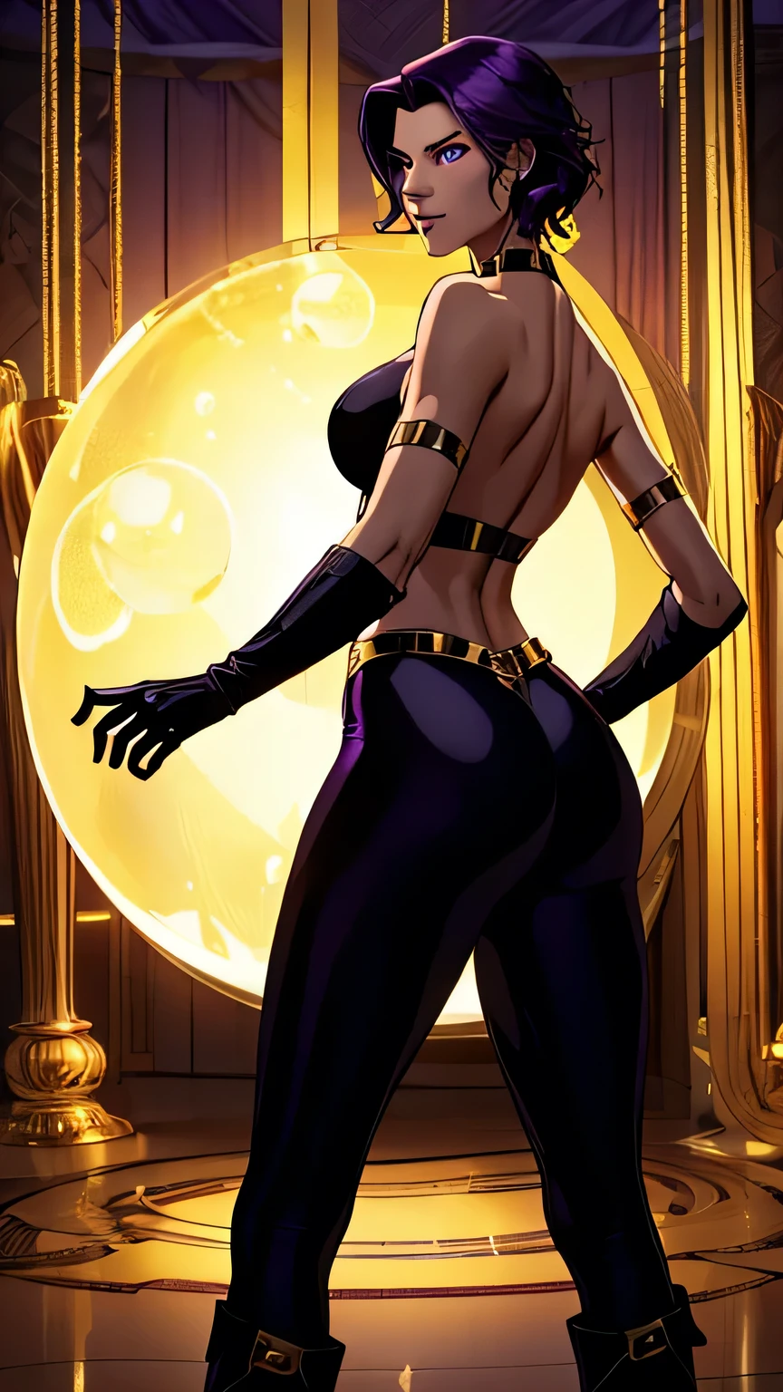 1girl, Short hair, High Resolution, Hair Between Eyes, Purple Eyes, Jewelry, , Accurate, Detail, , Golden costume, Skin tight, black Belt, Golden Thin boots, Black tight gloves, Smirk, Purple Hair, Bubble , 