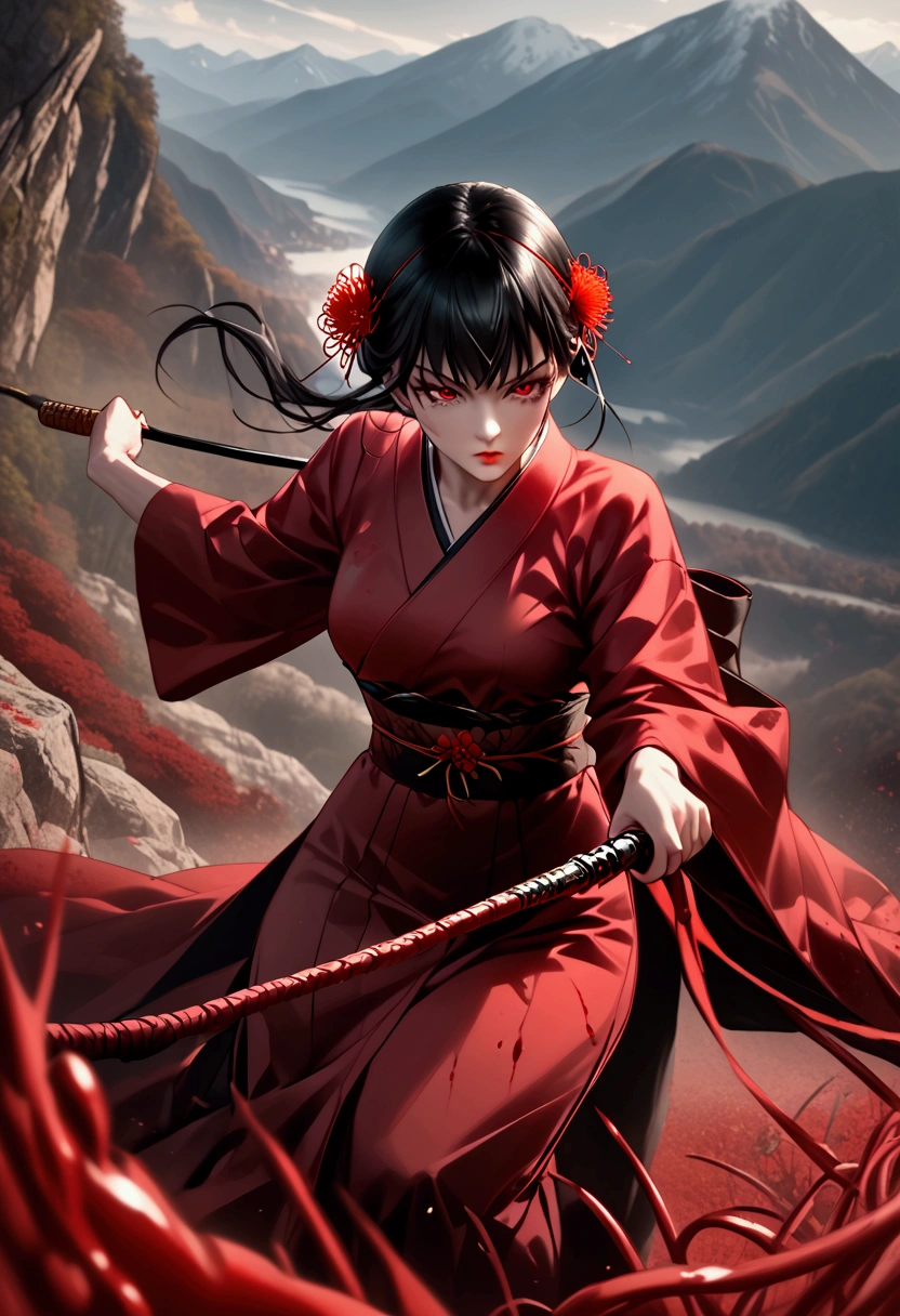 Yor Briar from Spy X Family, fair skin, blood red eyes, dark make up, black hair, dynamic pose, kimono, lycoris radiata, whip as a weapon, blood splatter, mountain background