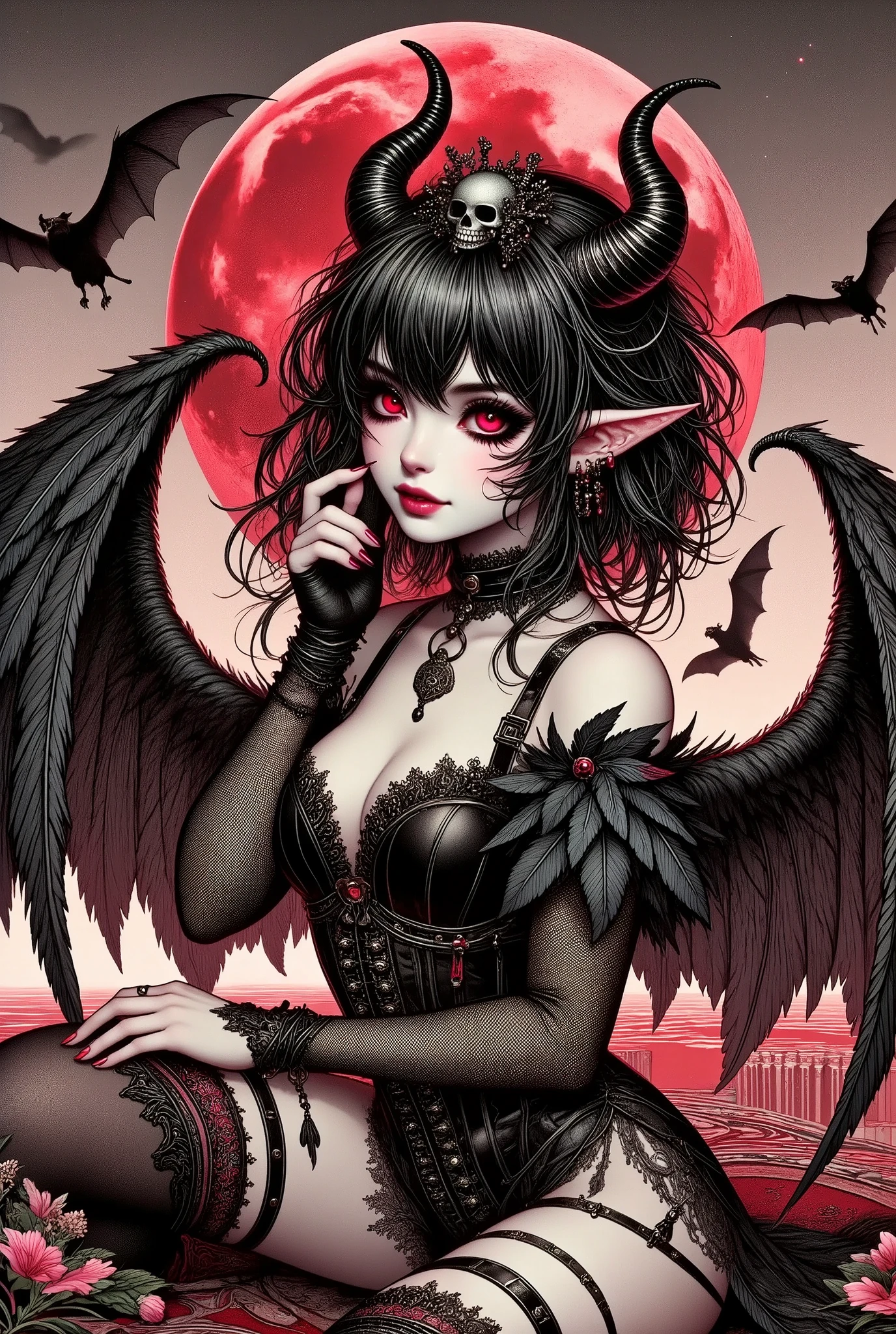 (Ultra-detailed face, Looking away, Fantasy Illustration with Gothic. Dark tone colors.), BREAK (Great hall of Dracula's castle in Transylvania with the red moon rising. Bats flit about. A young succubus lies in a daring pose on an opulent carpet on the floor of the hall. Her glossy hair is combed with her fingertips, and she smiles sexily.), BREAK (The succubus of the army of the abyss has jet black hair and eyebrows, blunt bangs, messy hair to the ground, red glowing eyes with yellow stars, small pink lips, pale skin, and dark, thick eyeliner.), BREAK (The Succubus of the Army of the Abyss wears a tiara with a skull motif and a black leather chukar. She wears a high-leg bodysuit of lace fabric made of raven feathers and embroidered with red thread, and stocking boots with braided red laces. On her back she has a pair of large raven-like wings.)