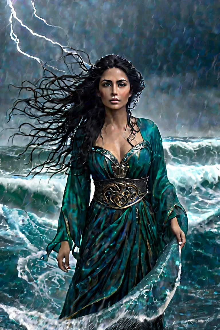 A Stunning Woman,  with long black hair that floats like waves in the wind ,  emerges from a shipwreck in the midst of the raging storm in .  Her iridescent skin reflects the light of lightning ,  and her eyes shine with the mystery of Atlantis .  She stands firm on a broken raft ,  challenging the forces of nature with an almost supernatural confidence. Your presence is mesmerizing,  as if she were the personification of the storm itself ,  a lost goddess of the submerged kingdom . The rough sea surrounds her ,  but she seems untouched ,  as if she were an eternal part of the legend .