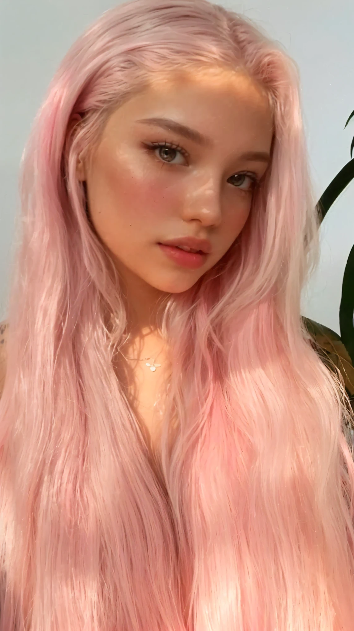 portrait of a very beautiful woman, professional model lover, with pink hair, instagram, influencer, in a luxurious house
