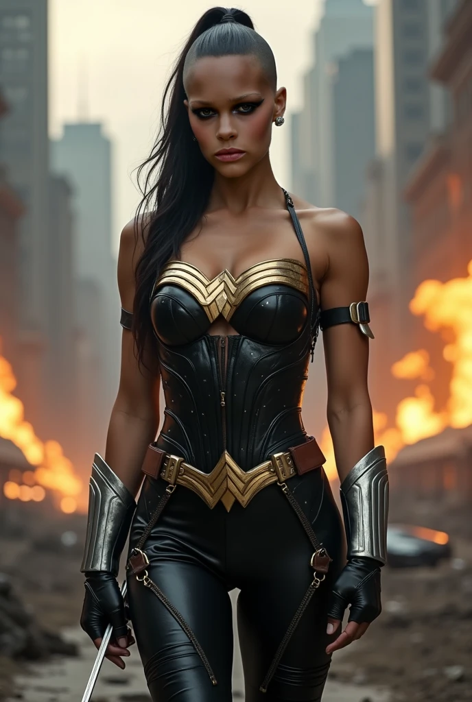 A beautiful woman Adriana Lima under the mantle of the warrior of Eutopia Zarda Shelton alias power Princes Marvel universe Black suit in leather that covers her entire body and forearms the suit has gold under her breasts and waist simulating a belt silver bracelets Diaema liza on her forehead silver choker on her neck skirt in black leather in the style of Wonder Woman 84 Movie