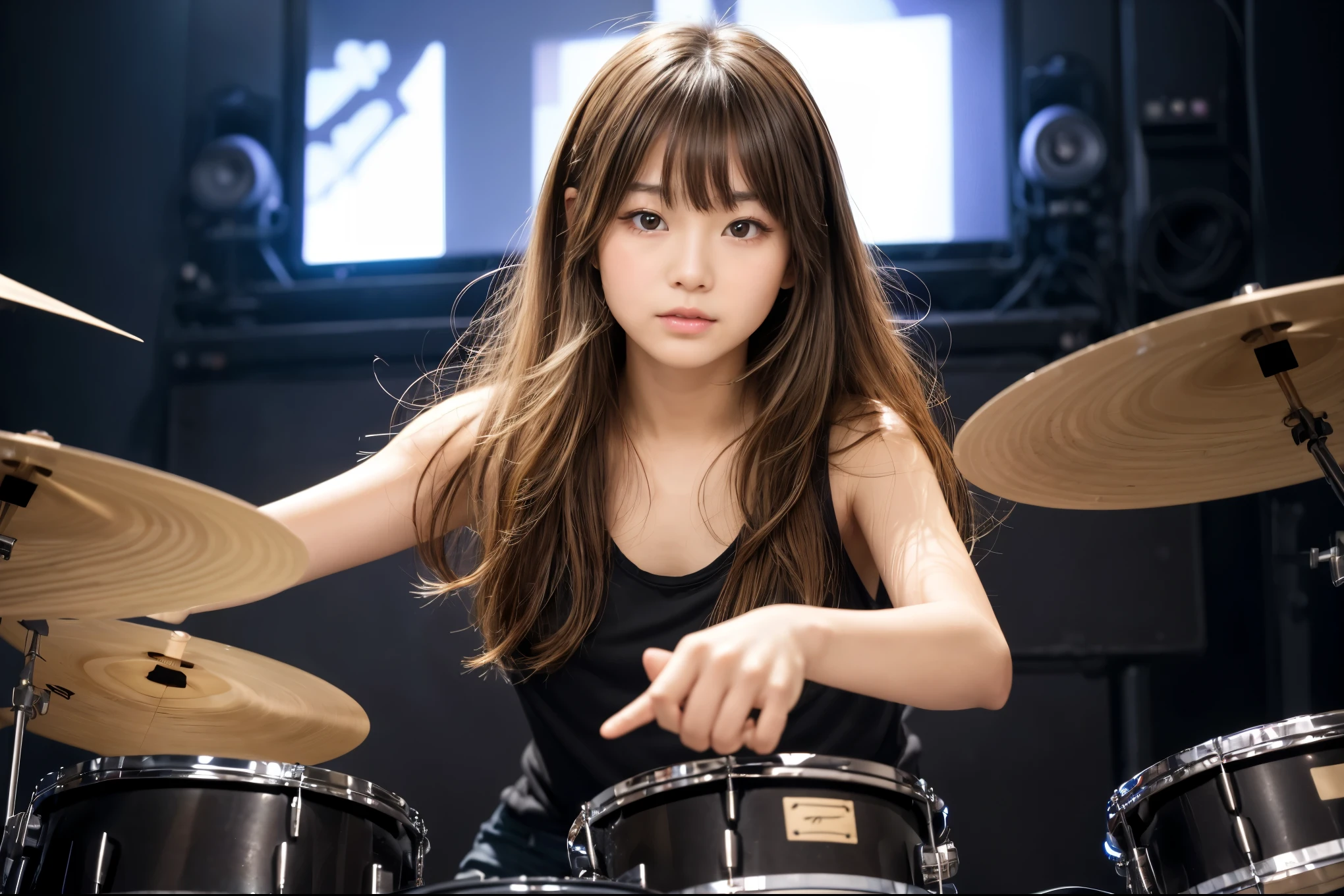  with wavy hair playing the drums and Jesus admiring her 