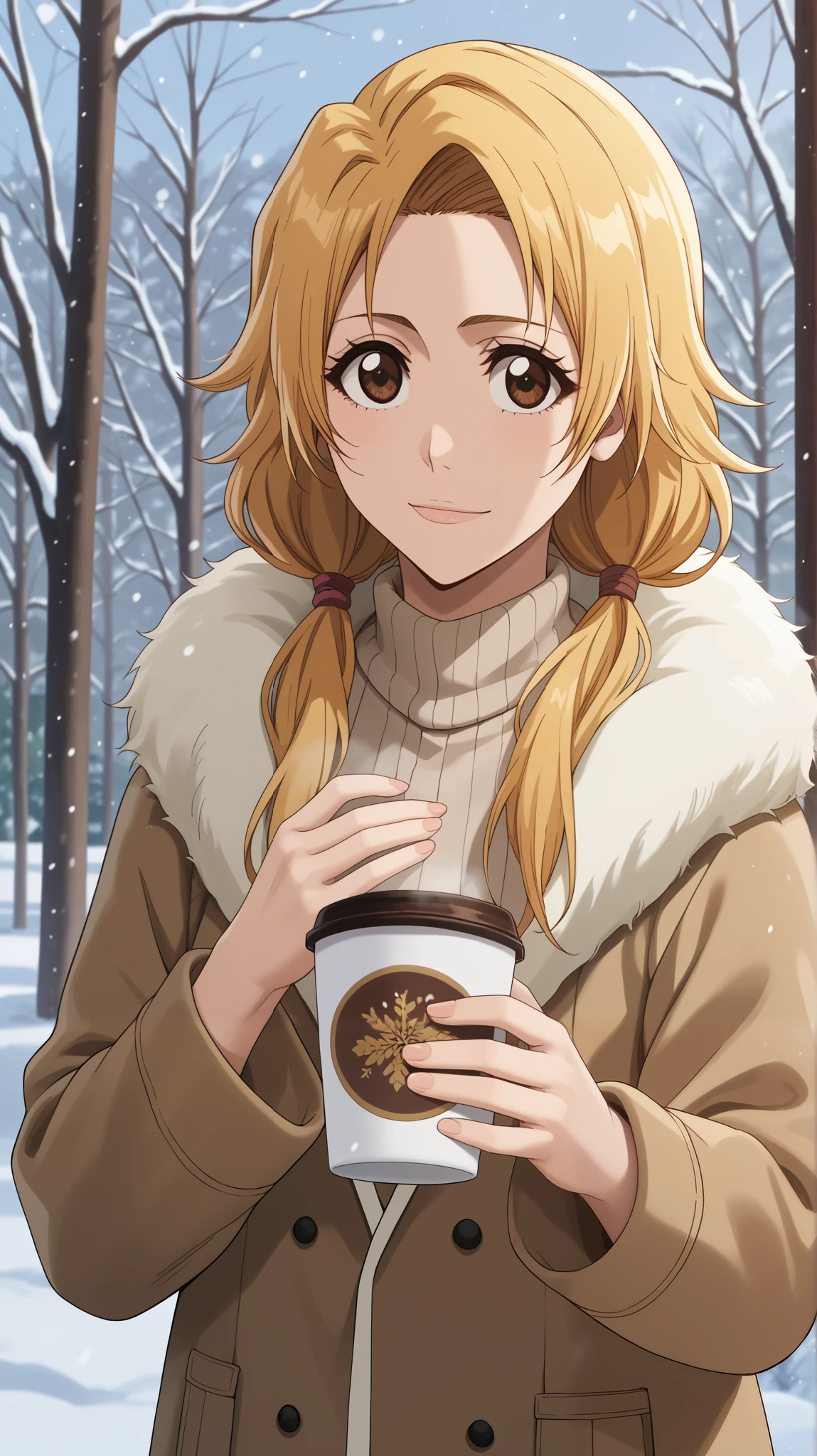   1 girl of fifteen years old  ,  young girl  , solo, anime pastor  "bleach".
Appearance:  brown eye  ,  long straight light yellow hair  , (  hairstyle in the form of two high ponytails made of blond hair on her head) , smile,  closed mouth  ,  Blonde Hair  , ((  warm fur jacket  )), background: winter park, trees,  covered with snow  , snowfall .  The girl is holding a paper cup of coffee , Steam comes from the glass ,  steam from breathing , twilight, evening, backgroundари