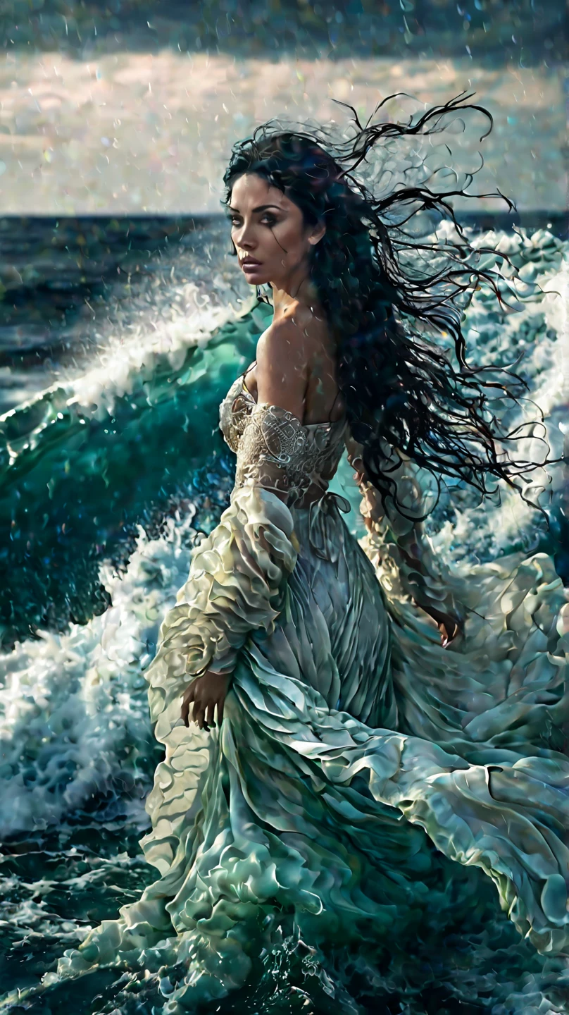 In the heart of a raging storm, an extraordinarily beautiful woman floats on a fragmented raft, clad only in scraps of silk that cling to her slender body, as the wind whips her long black hair, like currents of water. Your eyes, sparkling like the depths of Atlantis, they shine with an unearthly intensity, reflecting the rays that cut through the sky. The violent waves surround her, but she remains unperturbed, as if the ocean itself is submissive to her will. Her presence exudes a mystical sensuality, and the power of the sea seems to bend before her enigmatic aura, revealing the lost essence of a sunken empire.