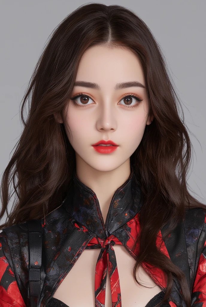 a symmetrical front view, upper body, soft grey studio backdrop,capturing intricate textures and photo-realistic lighting, 1 18-year-old chinese girl with long hair, the girl has big teardrop breasts, the girl's clothing belongs to the black and red chinese clothing,the hairstyle is the traditional chinese hairstyle,Hyperrealistic art,Extremely high-resolution details,photographic,realism pushed to extreme,fine texture,