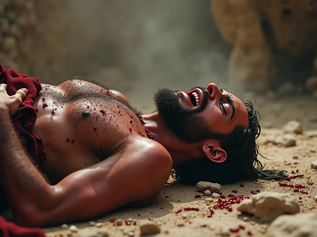 An eerie scene of Judas' decaying body in a field, with pus and worms visible, illustrating Papias' second account --ar 16:9"