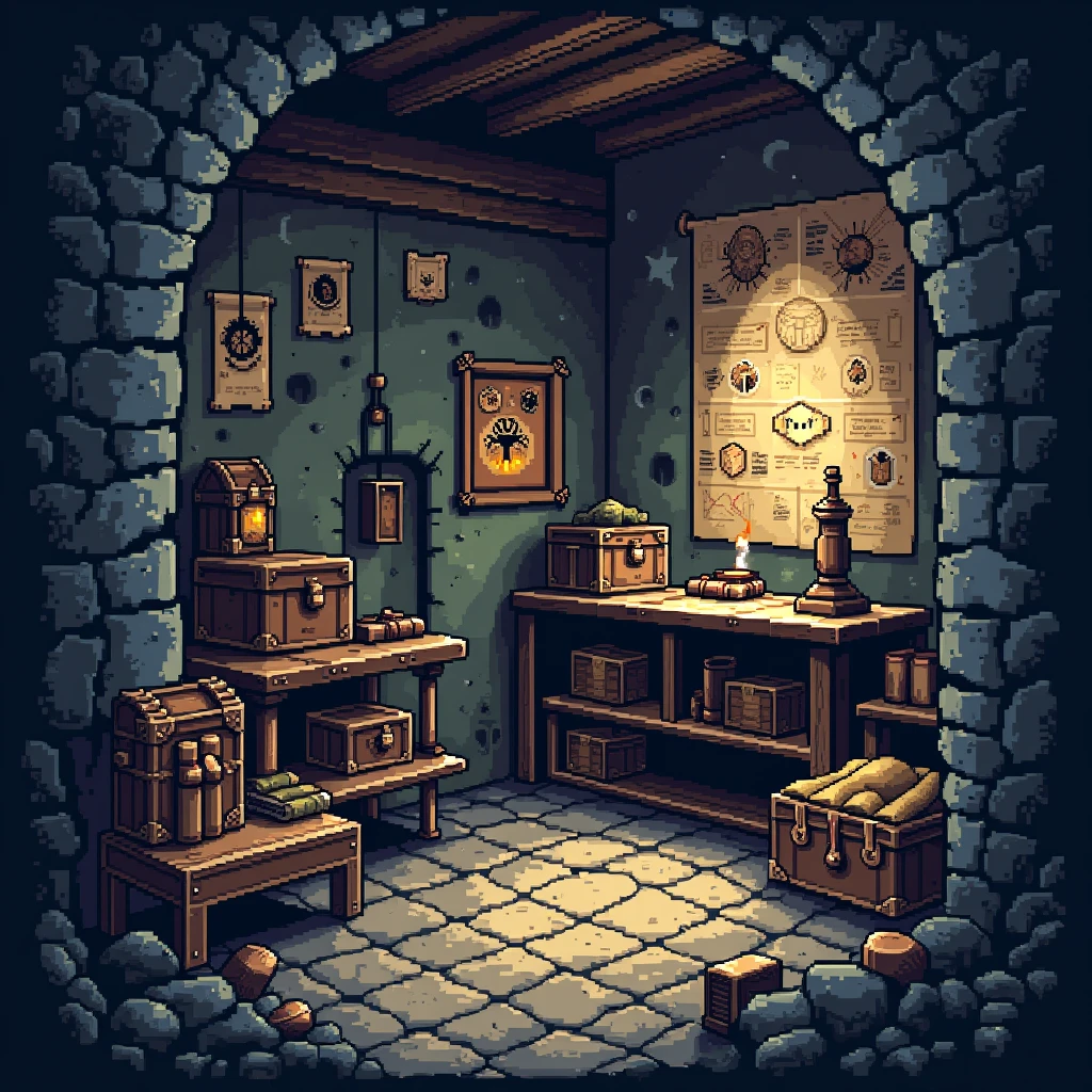  A pixelated secret room inside an ordinary house, with chests filled with maps and magic items .