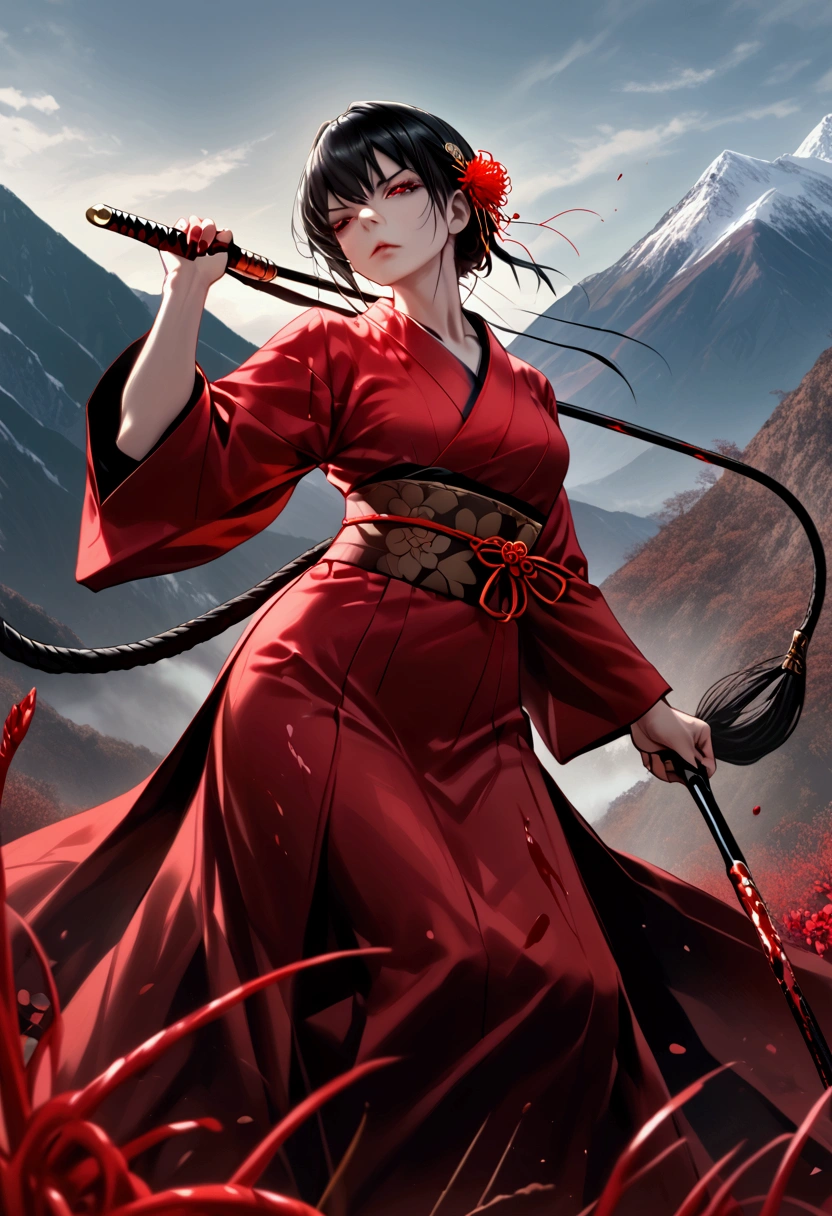 Yor Briar from Spy X Family, fair skin, blood red eyes, dark make up, black hair, dynamic pose, kimono, lycoris radiata, whip as a weapon, blood splatter, mountain background