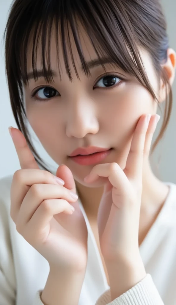  1 girl、Photo Mapping、Physically based rendering、 high image quality、 High Definition 、1080P、( beautiful face)、(Detailed description of the face)、( Detailed description of the hand setter&#39;Muscle area)、( CG in detail)、 rich details 、( Stunning Features :1.35)、( detail eyes)、 of cute ladies are looking forward to your eyes、Delicate clavicle、 Various Poses、 A very realistic and detailed upper body portrait of a young woman。The skin is beautiful、 soft light reflecting high on her cheeks .、 Tiny pores and hair follicles、 You can see even the thinnest blood vessels 。The skin is smooth、natural flushing of cheeks 、Healthy glow。 The eyes are large and clear blue、Her iris has fine patterning、 Light is reflecting and shining in the eye。 There is a slight shadow under her eye 、 Her eyelashes are long and naturally curled。 her lips are soft pink 、Smooth texture with a natural glow、 Slightly reflects light。  the woman wears a simple white top  .、 background is pale black and white gradation .、 The focus is entirely on the face and upper body。 Realistic shadows and textures、 picture-like depiction.。
