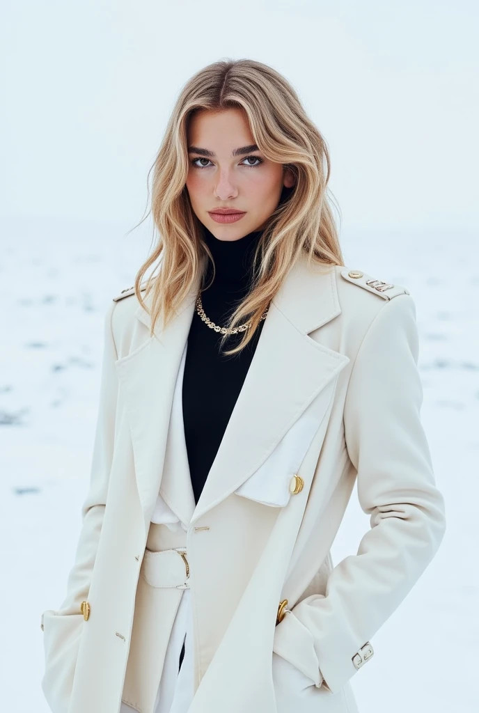 Dua Lipa,blonde wavy hair,white trenchcoat,white blazer,black turtleneck,hands in the pocket of her trenchcoat,in the siberia tundra,potrait