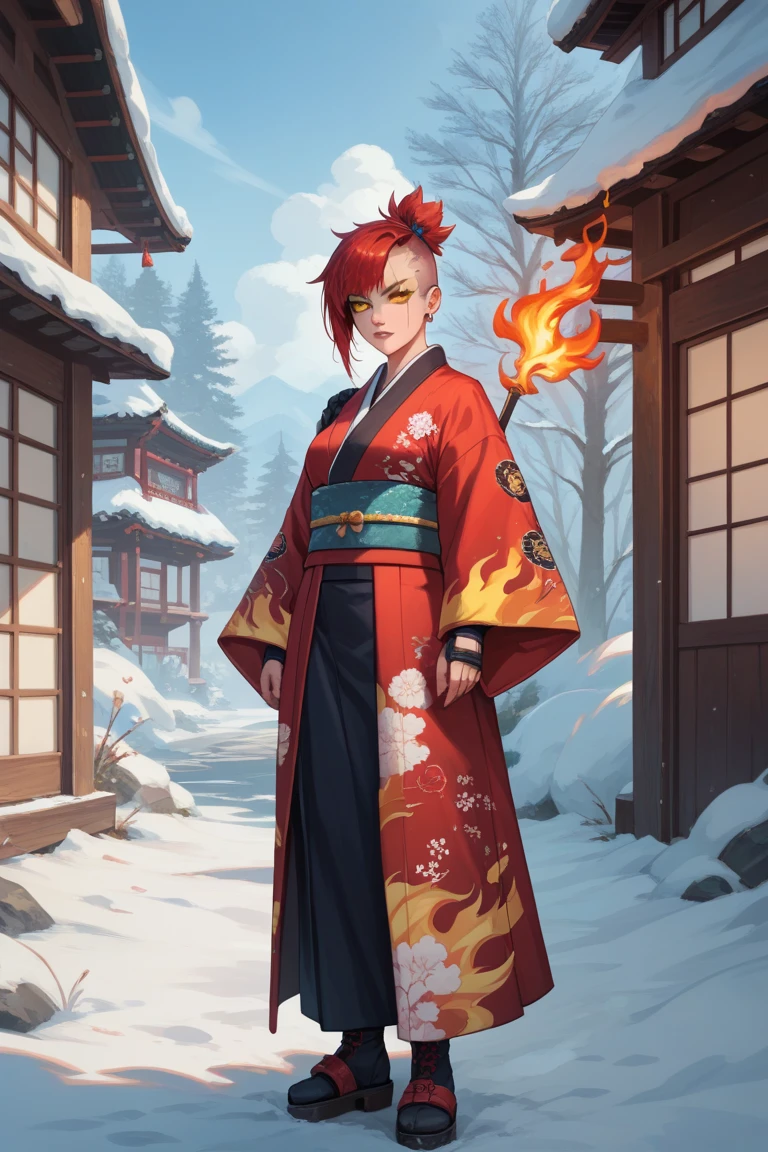 anime style RPG character, punk samurai woman, black and red hair, side cut, yellow eyes, cut scar on the left eye, kimono half black with flames and half blue with snow, full body