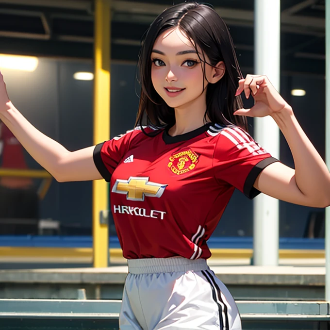 a beauty women, stand up pose, upper body, manchester united shirt, sweet smile