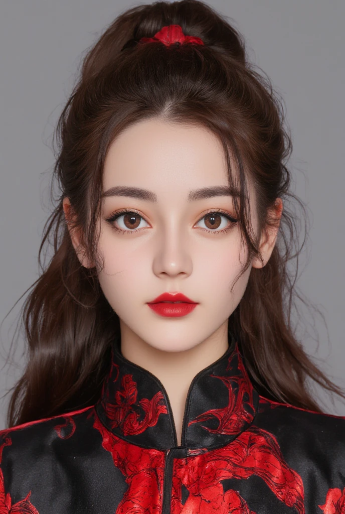 a symmetrical front view, from above, upper body, looking down, soft grey studio backdrop,capturing intricate textures and photo-realistic lighting, 1 18-year-old chinese girl with long hair, the girl has big teardrop breasts, the girl's clothing belongs to the black and red chinese clothing,the hairstyle is the traditional chinese hairstyle,Hyperrealistic art,Extremely high-resolution details,photographic,realism pushed to extreme,fine texture,