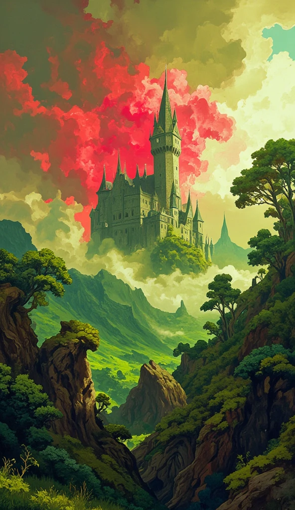 A stunning, vibrant cinematic photograph of a mysterious old castle in the mist-shrouded foothills of a mystical forest, fantasy art that evokes a sense of high-stakes drama in the style of Image's comic book photography, photo-realistic textures and film grains immerse the viewer in the scene, bathed in warm, golden light dotted with emerald greens and crimson reds, as if the forest itself were ablaze, the Ethereal clouds surround the forest, capturing the intensity of the fight for survival.