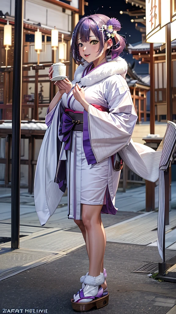 (highest quality)), ((masterpiece)), (familiar), Perfect Face,Shiny skin,Beautiful breasts、Shiny skin、(((White-purple 、kimono/ kimono,japanese clothes、fur jacket、Sandals)))、oil skin、Sweat、Off the shoulder、Double teeth 、short hair、Big Breasts、Embrace、winter、close、near、(((night)))、shooting STAR、candle、、(((tokoyami towa (Hololive). )))、(((new year)))