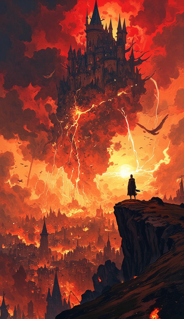 Image is a digital artwork depicting a dramatic and apocalyptic scene. The layout is a wide landscape orientation, showcasing a fiery, chaotic environment. The sky is dominated by a warm, orange hue, with dark clouds and a setting sun partially obscured by smoke. In the foreground, a lone figure in dark armor stands on a hill, observing the destruction below. The middle ground features a city engulfed in flames, with several buildings visibly burning. A large, floating castle hovers above the city, emitting two bright beams of light directed towards the ground, suggesting a magic attacks being shoot at the city below. Swarms of birds or debris are scattered across the sky, adding to the sense of chaos. The overall color palette is dominated by reds, oranges, and blacks, enhancing the apocalyptic atmosphere.