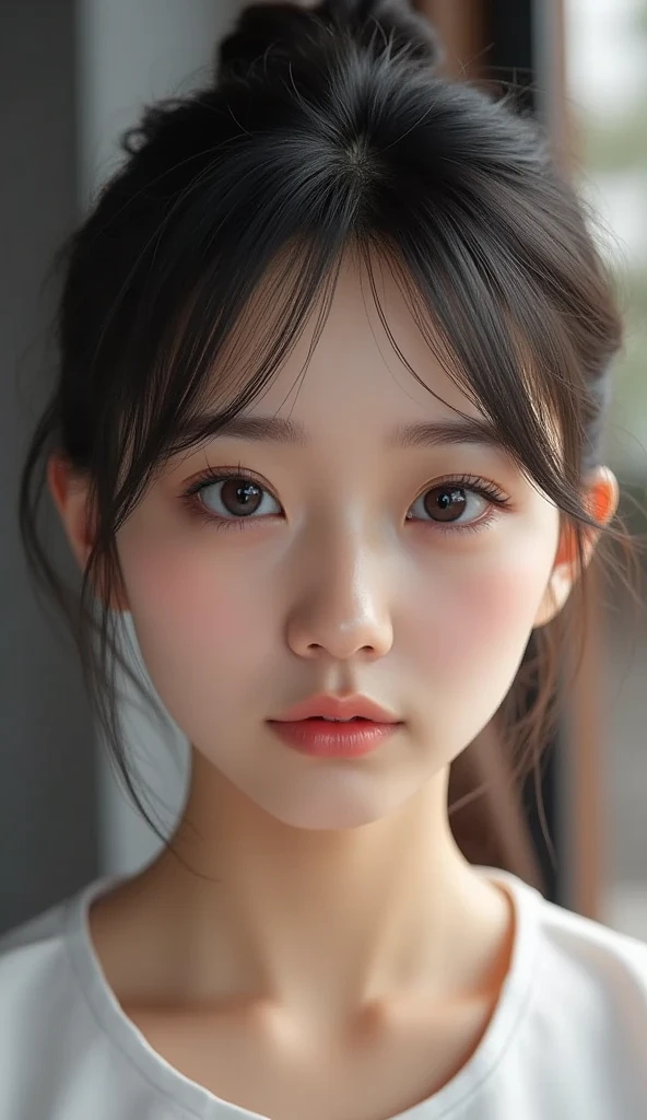  1 girl、Photo Mapping、Physically based rendering、 high image quality、 High Definition 、1080P、( beautiful face)、(Detailed description of the face)、( Detailed description of the hand setter&#39;Muscle area)、( CG in detail)、 rich details 、( Stunning Features :1.35)、( detail eyes)、 of cute ladies are looking forward to your eyes、Delicate clavicle、 Various Poses、 A very realistic and detailed upper body portrait of a young woman。The skin is beautiful、 soft light reflecting high on her cheeks .、 Tiny pores and hair follicles、 You can see even the thinnest blood vessels 。The skin is smooth、natural flushing of cheeks 、Healthy glow。 The eyes are large and clear blue、Her iris has fine patterning、 Light is reflecting and shining in the eye。 There is a slight shadow under her eye 、 Her eyelashes are long and naturally curled。 her lips are soft pink 、Smooth texture with a natural glow、 Slightly reflects light。  the woman wears a simple white top  .、 background is pale black and white gradation .、 The focus is entirely on the face and upper body。 Realistic shadows and textures、 picture-like depiction.。
