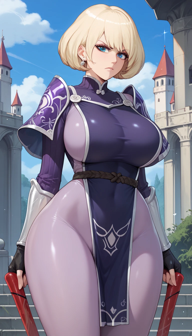 score_9,score_8_up,score_7_up,score_6_up,score_5_up,alienquestellen,short hair,blonde hair,curvy,huge breasts,bubble butt,ass visible through thighs,outdoors, castle, angry closed mouth ring earring large breasts huge breasts , blue eyes ,,,,, ribbed sleeves, toned, arm guards, bodysuit, fingerless gloves, kote, tabard, purple bodysuit, black gloves, gloves, armor, loincloth, japanese armor , blood in clothes 