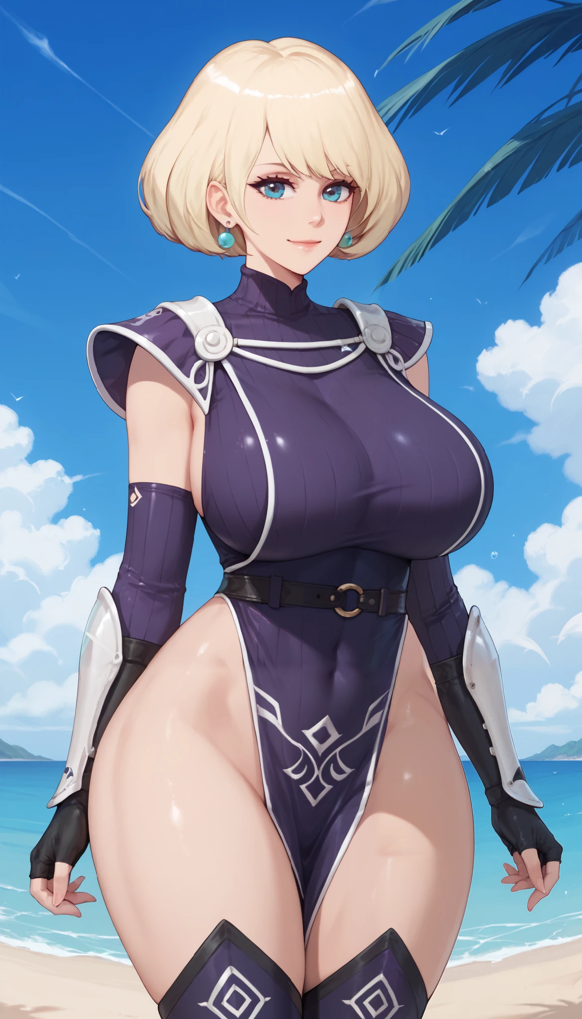 score_9,score_8_up,score_7_up,score_6_up,score_5_up,alienquestellen,short hair,blonde hair,curvy,huge breasts,bubble butt,ass visible through thighs,outdoors,beach, smile closed mouth ring earring locking at viewer large breasts huge breasts , blue eyes ,,,,, ribbed sleeves, toned, arm guards, bodysuit, fingerless gloves, kote, tabard, purple bodysuit, black gloves, gloves, armor, loincloth, japanese armor