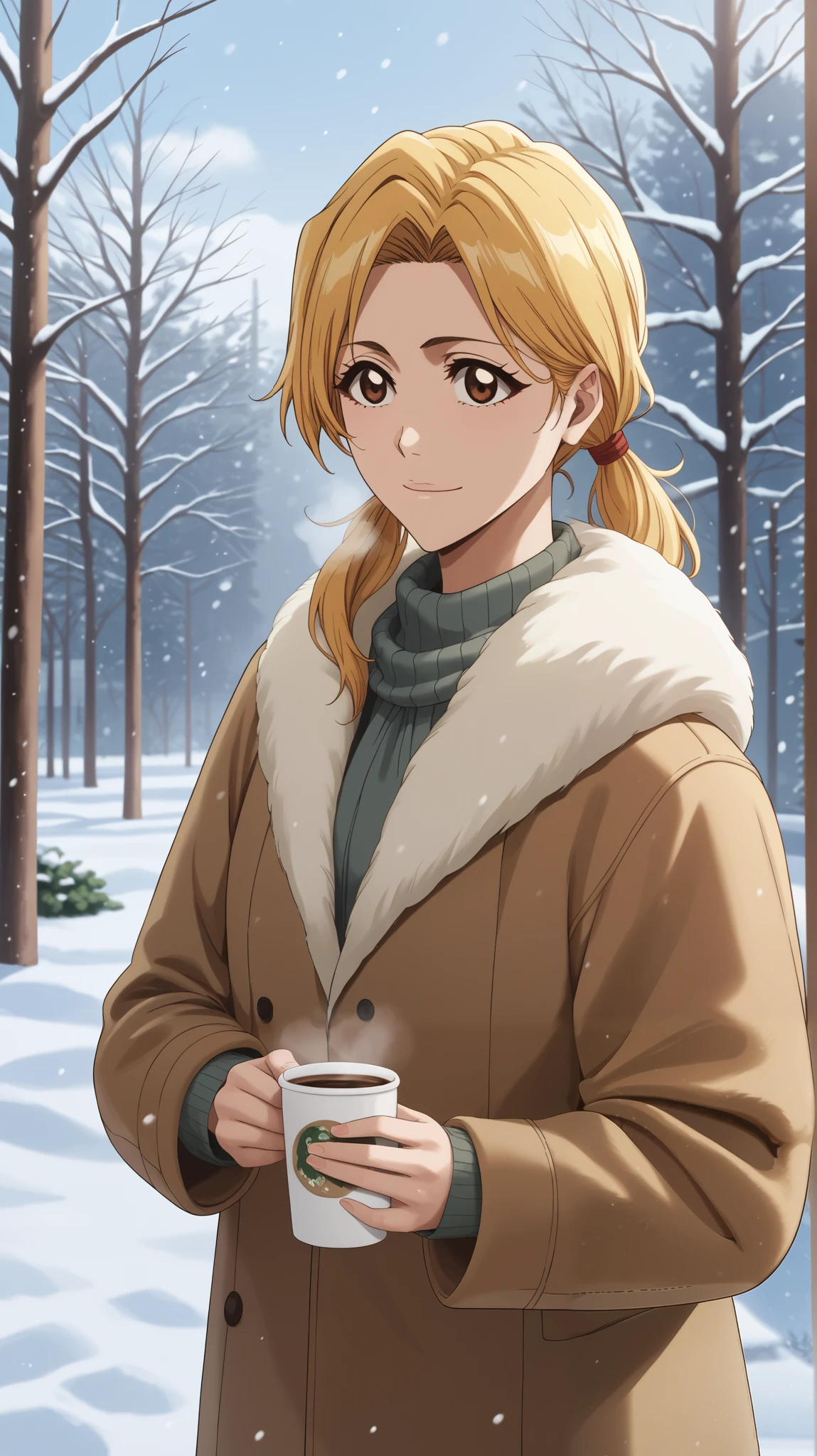   1 girl of fifteen years old  ,  young girl  , solo, anime pastor  "bleach".
Appearance:  brown eye  ,  long straight light yellow hair  , (  hairstyle in the form of two high ponytails made of blond hair on her head) , smile,  closed mouth  ,  Blonde Hair  , ((  warm fur jacket  )), background: winter park, trees,  covered with snow  , snowfall .  The girl is holding a paper cup of coffee , Steam comes from the glass ,  steam from breathing , twilight, evening, backgroundари